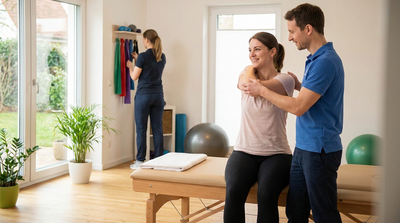 Team einer modernen Physiotherapiepraxis in einer ruhigen Alltagsszene
